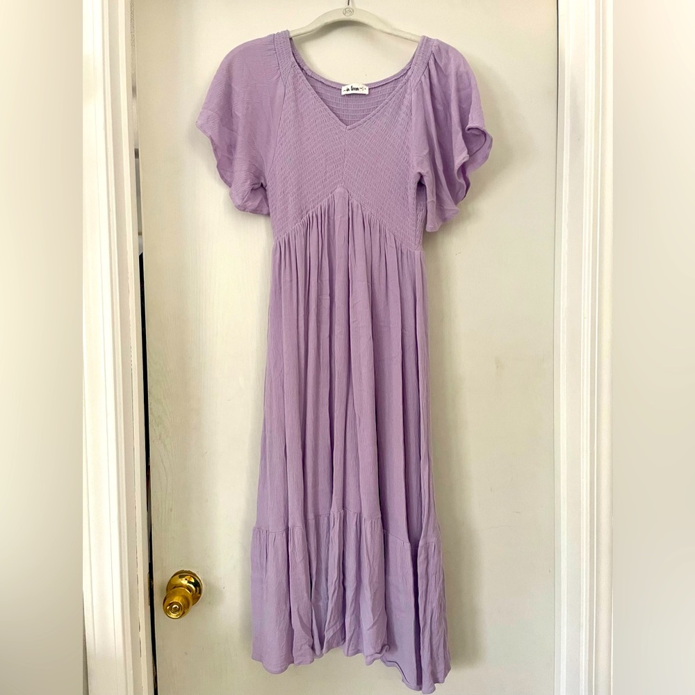 Lavender “In Loom” ruched dress flutter sleeves (Bohme)